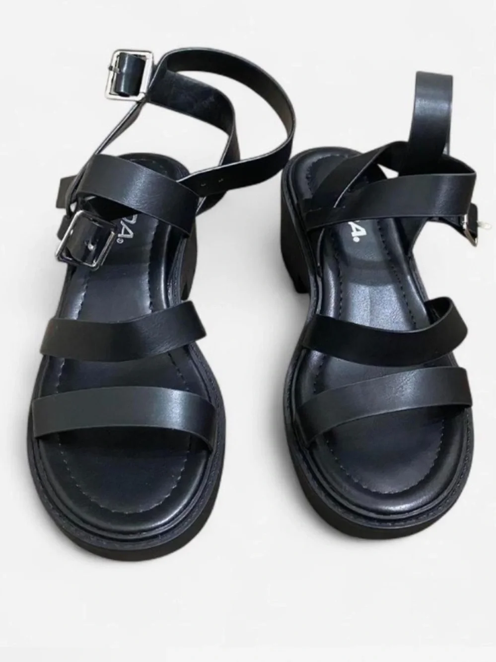 Soda Black Triple-Strap Women’s Sandals with Ankle Buckle